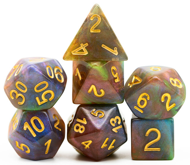 Purple & Green w/gold Galaxy Glitter 7-Dice Set RPG