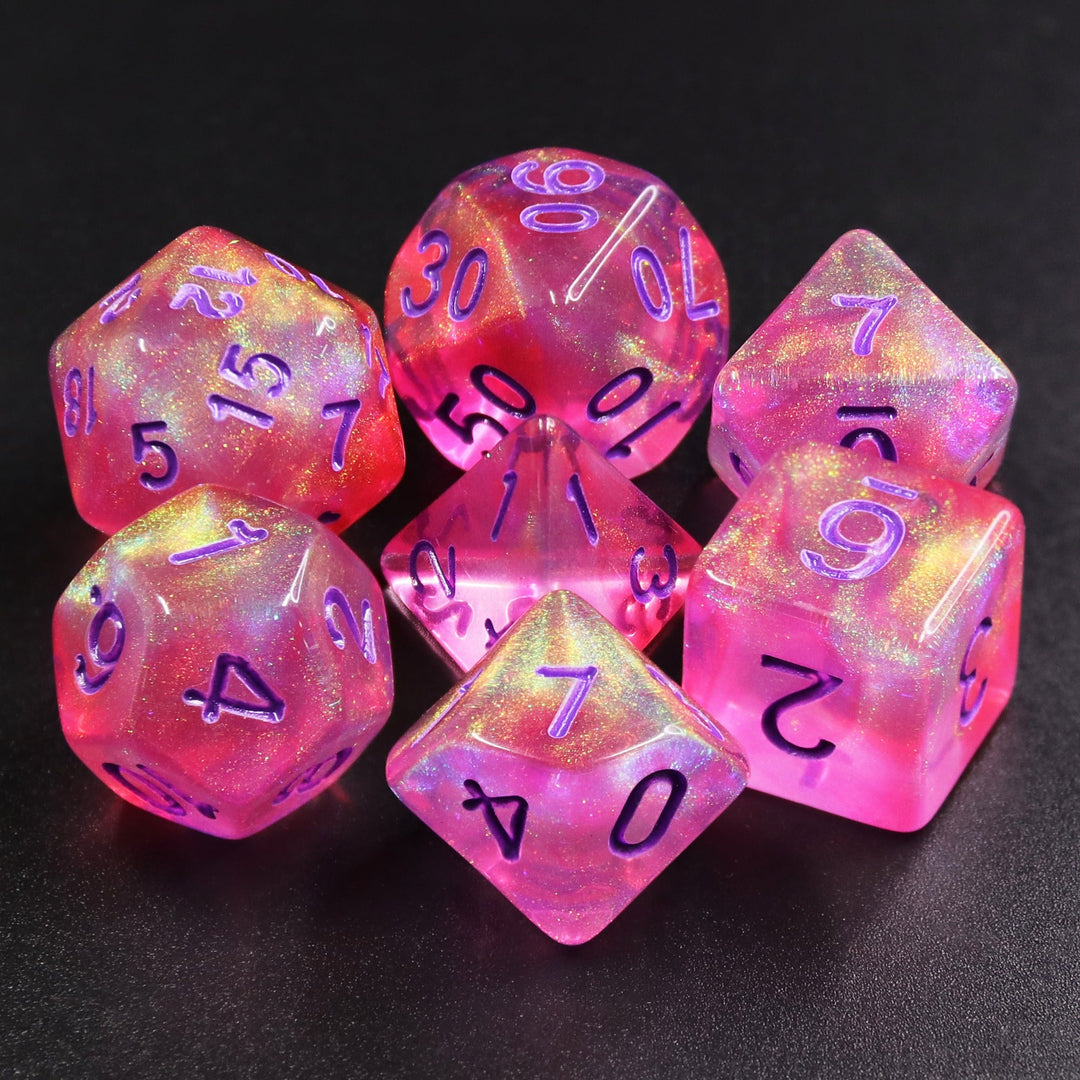Cheshire Glitter Pink with Purple Numbering 7-Dice Set RPG