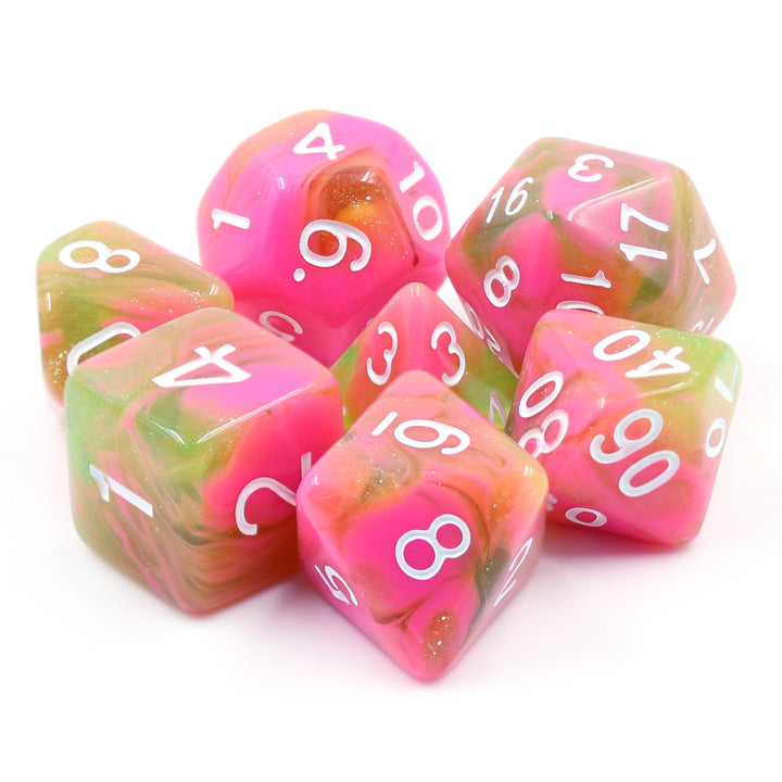 Apple Taffy Lime Green/Pink Glitter/Swirl  7-Dice Set by HendgaDice