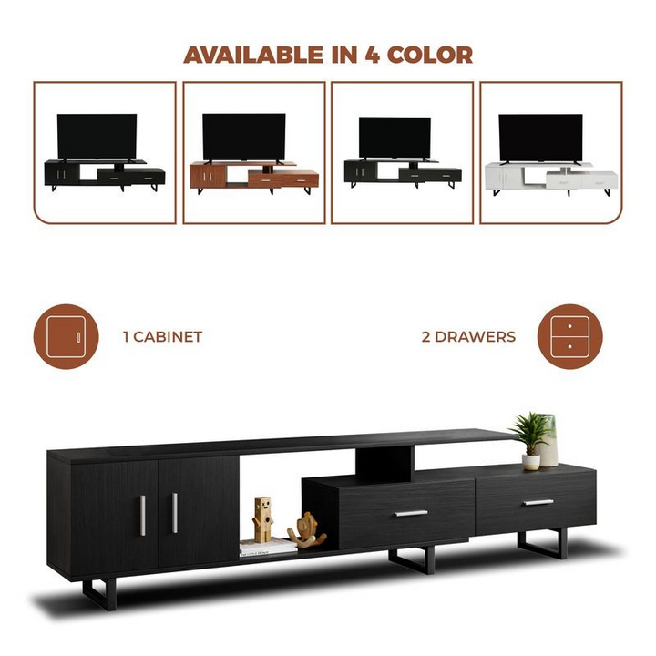 LeisureMod Avery Mid-Century Modern TV Stand with MDF Cabinet and Powder Coated Steel Legs Ebony  Colors.