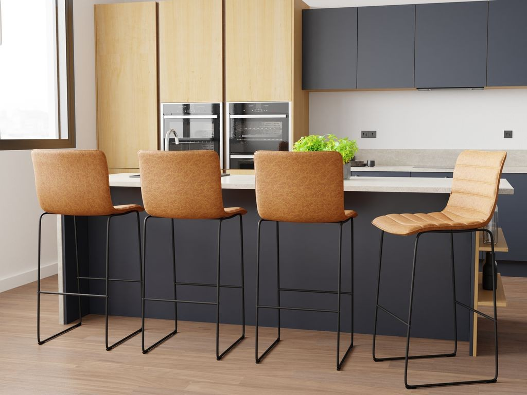 LeisureMod Brooklyn 29.9" Modern Leather Bar Stool with Black Iron Base and Footrest