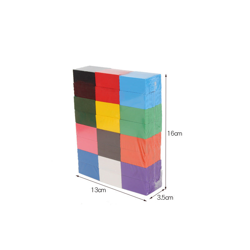 Stack of colorful dominoes with dimensions labeled on a white background.