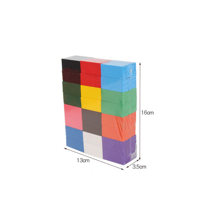 Stack of colorful dominoes with dimensions labeled on a white background.