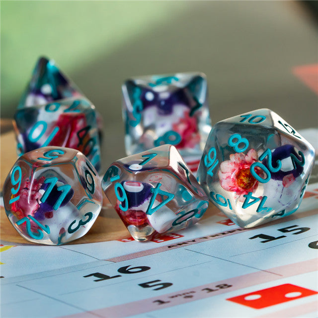 Purple Mushroom Dice Clear Pink Flower w/Teal Numbers 7-Dice Set Rpg