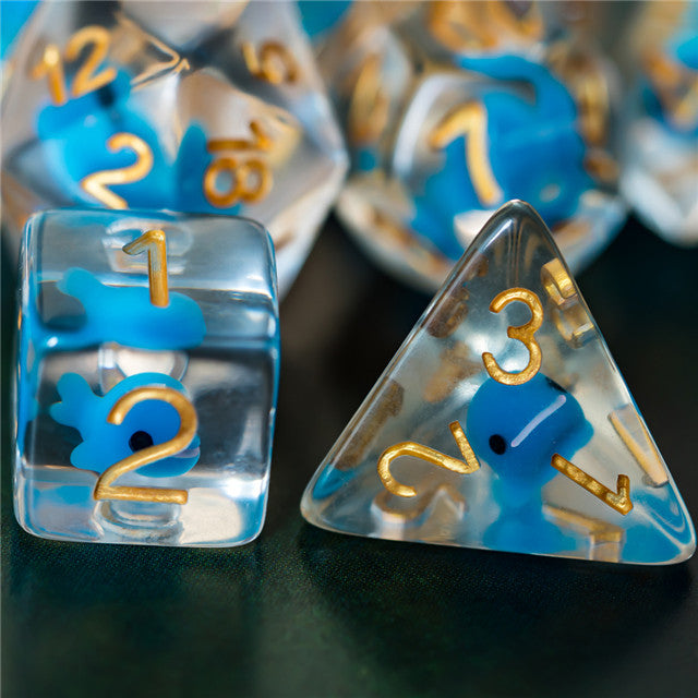 Blue Whale Dice Clear Dice w/ Blue Whales 7-Dice Set Rpg