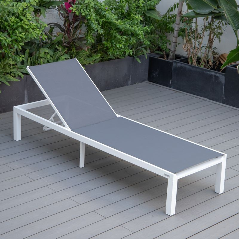 LeisureMod Marlin Patio Chaise Lounge Chair with White Aluminum Frame Dark Grey