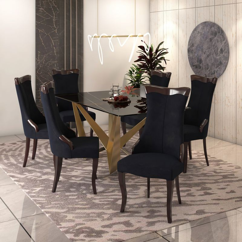 LeisureMod Novara Collection Modern Wooden Dining Chair in Black Velvet at Table.