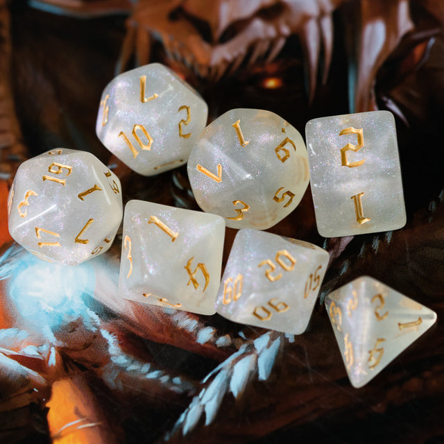 Glitter Party White Glitter Dice (Gold font) 7-Dice Set RPG DND