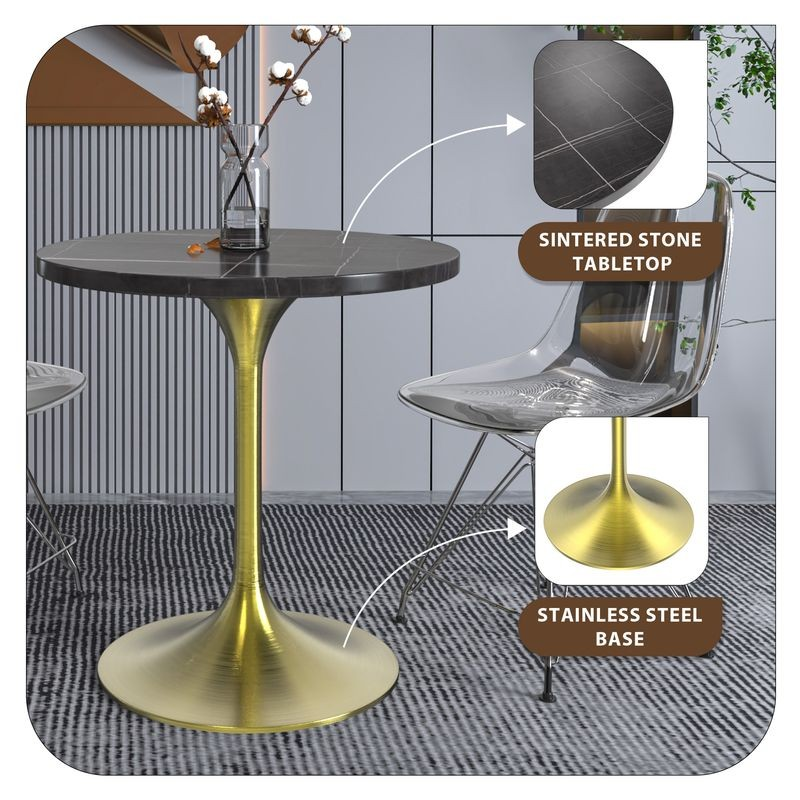 LeisureMod Verve Collection 27 Round Dining Table, Brushed Gold Base with Sintered Stone Black Top Details.