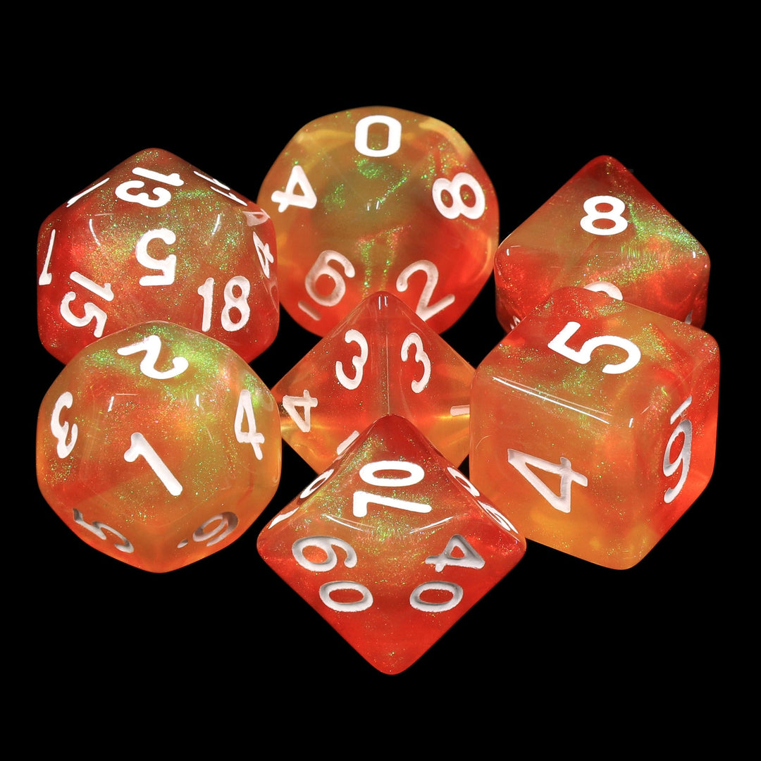 Walking the Sun Orange/Yellow Glitter 7-Dice Set by HendgaDice
