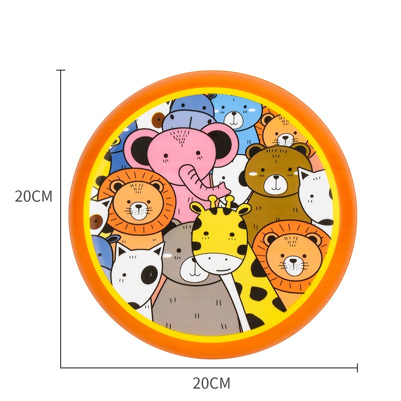 Circular product with cartoon animal faces and orange border, shown with dimensions.