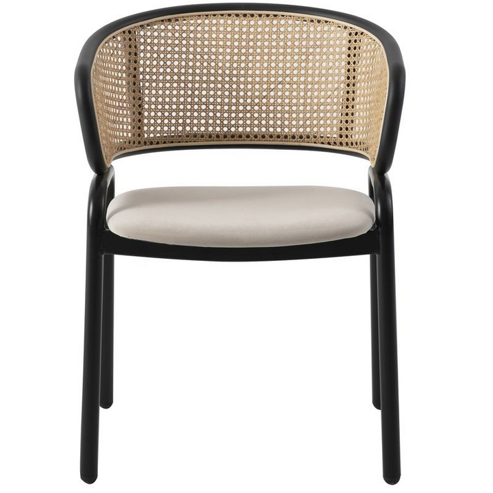 Leisuremod Ervilla Modern Dining Chair with Stainless Steel Legs Velvet Seat and Wicker Back Beige Front View.