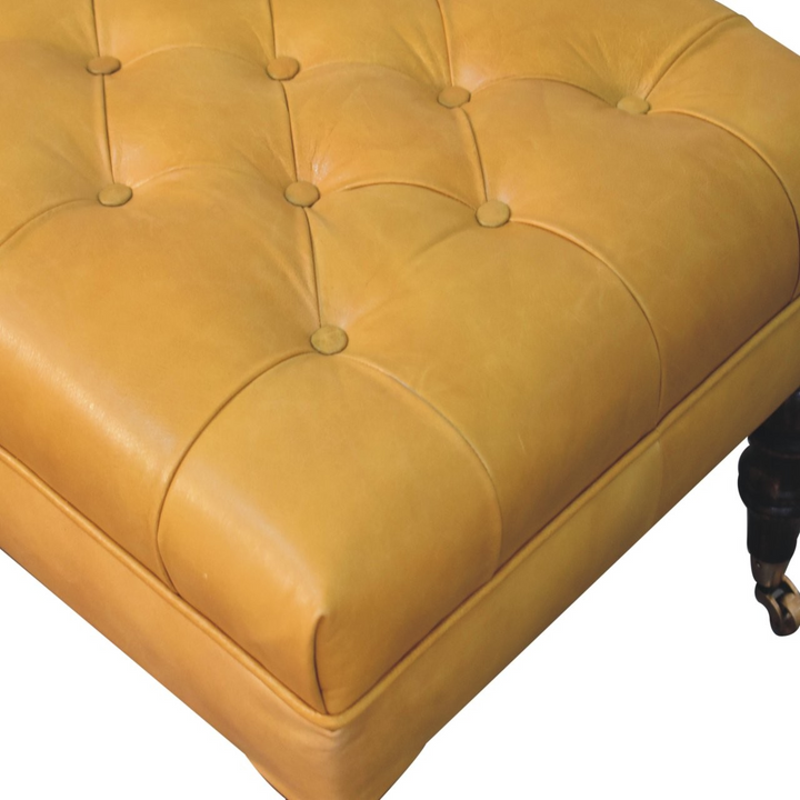 Honey Caramel Buffalo Ash Black Leather Ottoman with Castor Legs Zoomed