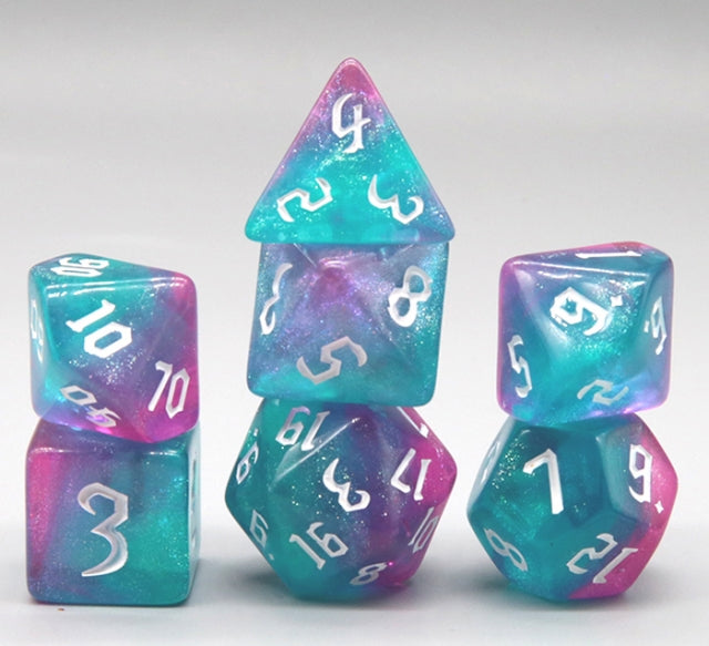 Heart Attack Green/Blue & Pink 7-Dice Set RPG DND
