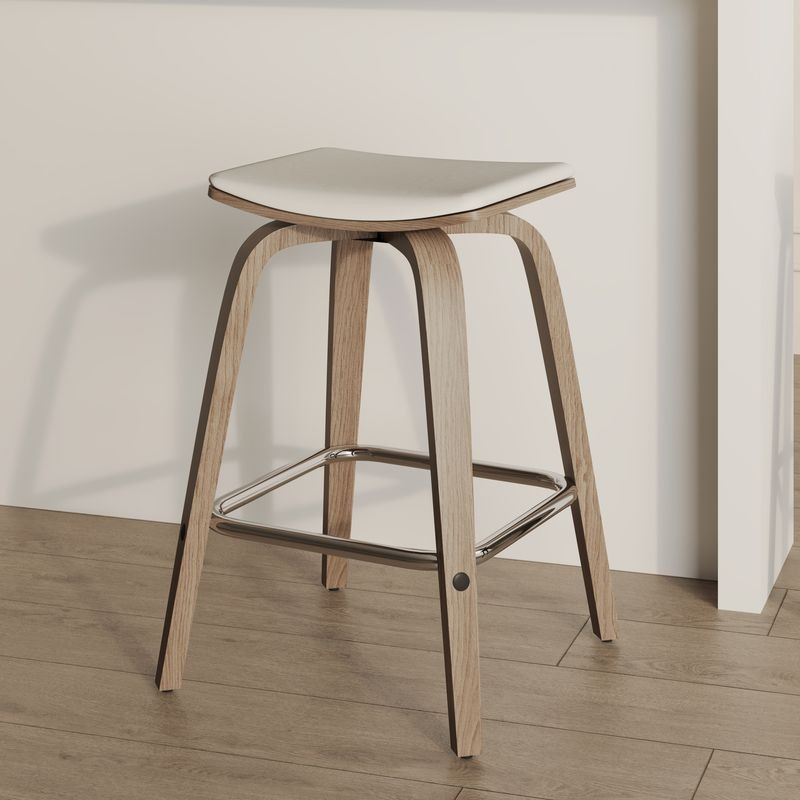 LeisureMod Wooden Counter Stool Square Seat Pelya Collection Modern Style Washed Walnut color in Light Grey with Background.