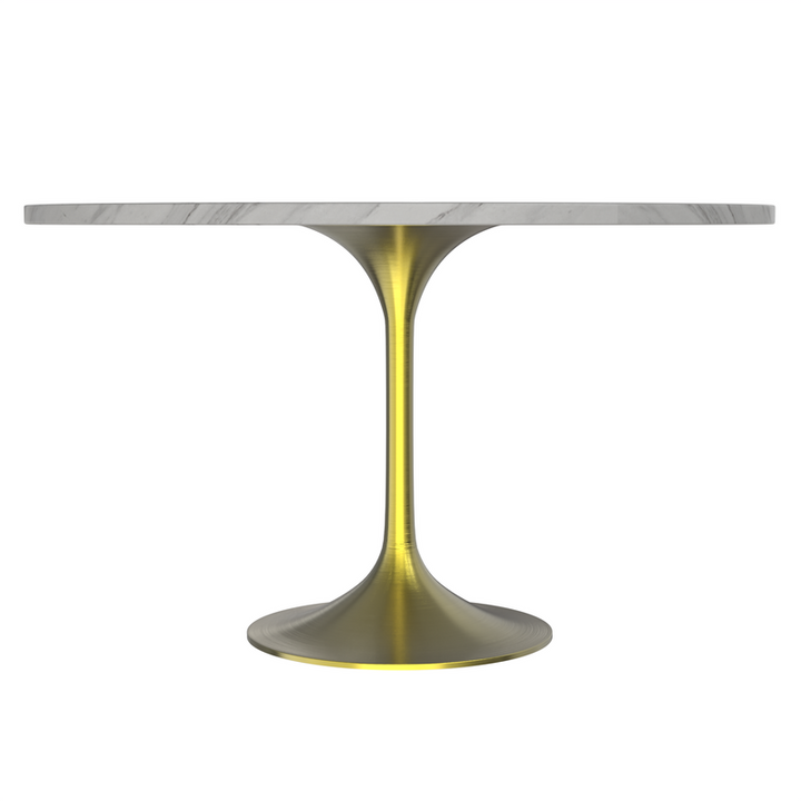 LeisureMod Verve Collection 48 Round Dining Table, Brushed Gold Base with Sintered Stone White Top Side View.