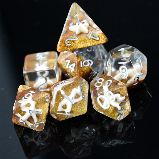 White Starfish Dice on Gold 7-Dice Set Resin Dungeons and Dragons Dice