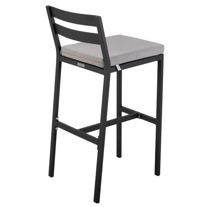 LeisureMod Chelsea Collection Modern Aluminum Outdoor Bar Chair in Black with Light Grey Cushions Back View.