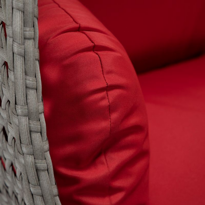 LeisureMod Mendoza Light Grey Wicker Hanging 2 Person Egg Swing Chair Red Closeup.