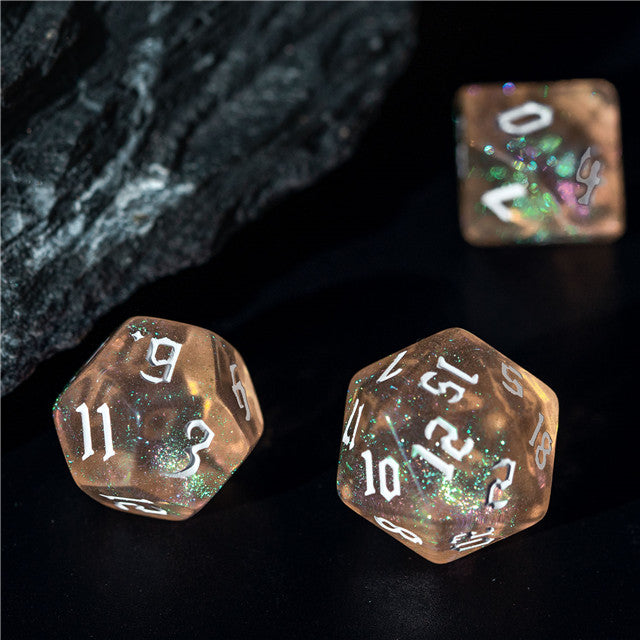 Peach Glitter Party Glitter Dice (White font) 7-Dice Set RPG DND