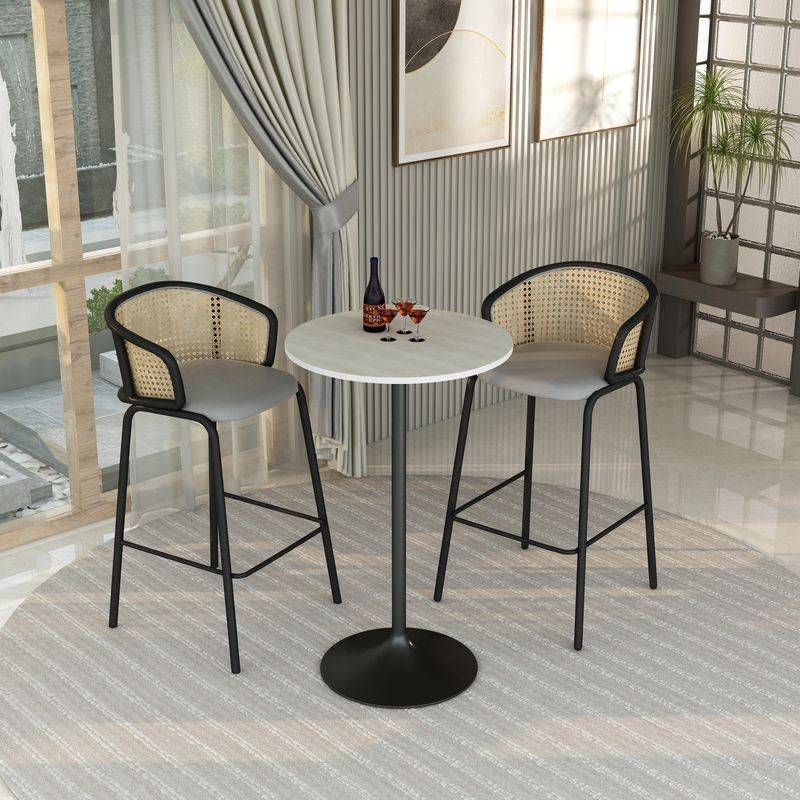 LeisureMod Verve Collection Modern Bar Height Table Black Base with 27" Round Light Natural Wood MDF Top in Room.