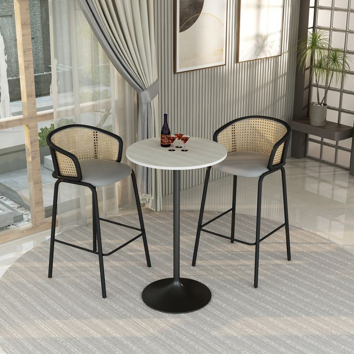 LeisureMod Verve Collection Modern Bar Height Table Black Base with 27" Round Light Natural Wood MDF Top in Room.