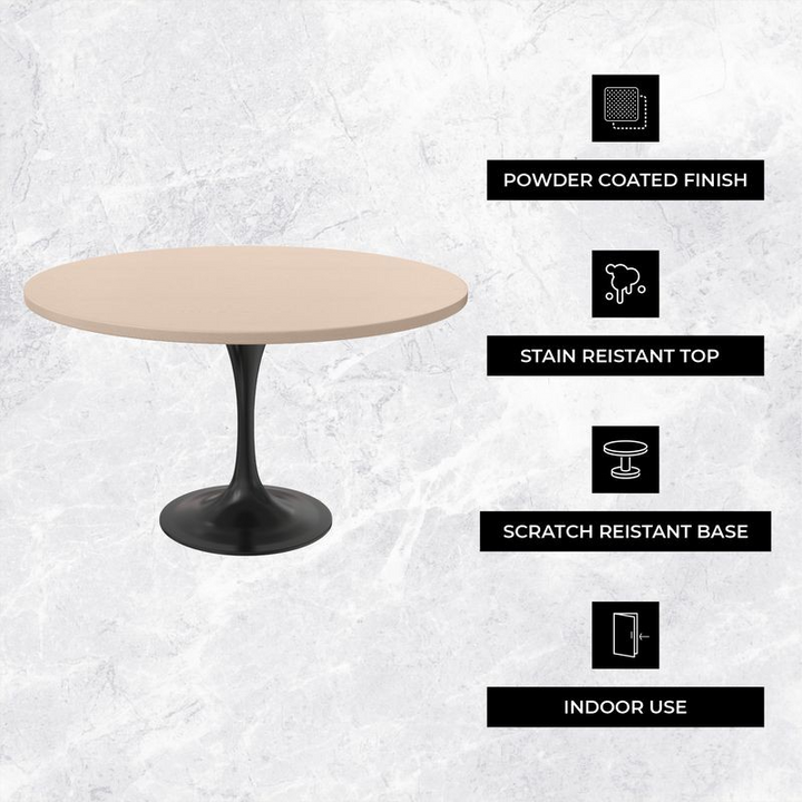 LeisureMod Verve Collection 48 Round Dining Table, Black Base with Light Natural Wood MDF Top Details.