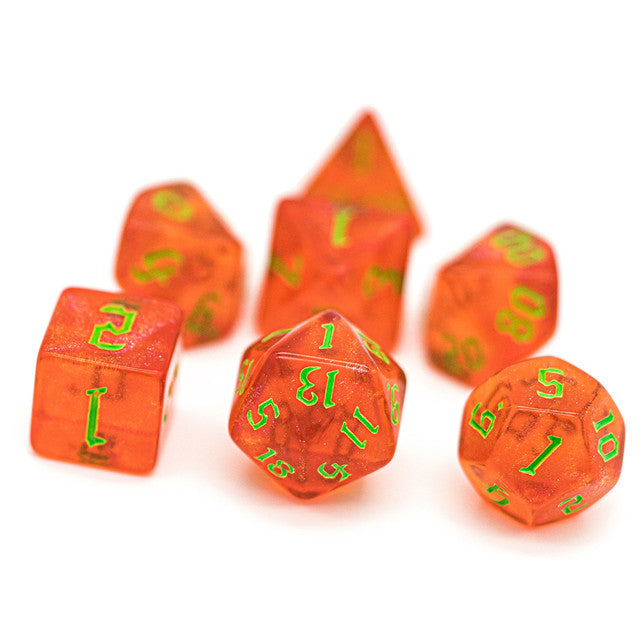 Strawberry Red Glitter Party Glitter Dice (Green font) 7-Dice Set RPG DND