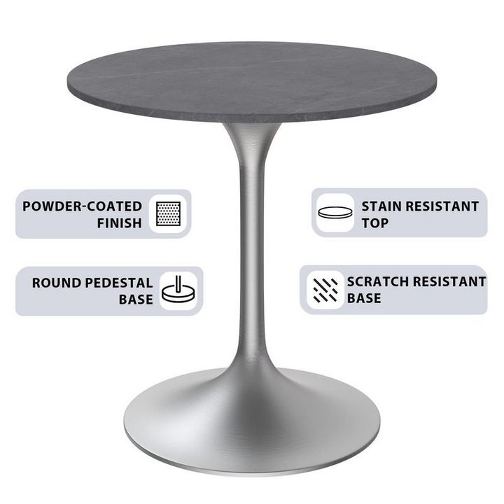LeisureMod Verve Collection 27 Round Dining Table, Brushed Chrome Base with Sintered Stone Grey Top Details.