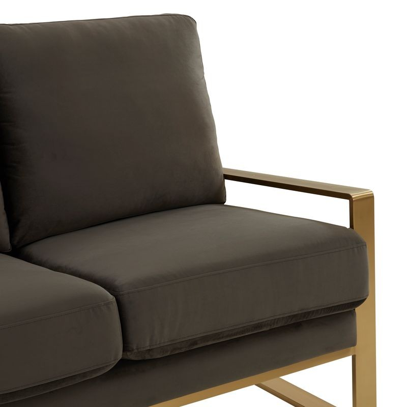 LeisureMod Jefferson Contemporary Modern Design Velvet Sofa with Gold Frame Dark Grey Closeup.