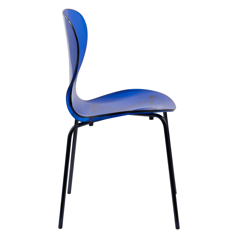 LeisureMod Modern Oyster Transparent Side Chair in Black Base set of 2 Blue Side View.