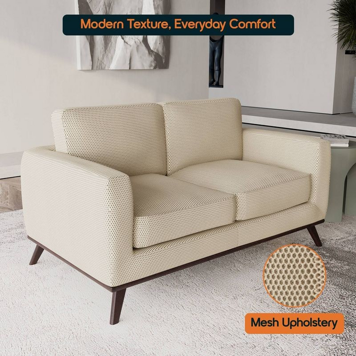 LeisureMod Chester Modern Faux Leather Loveseat in Beige Mesh Upholstery.