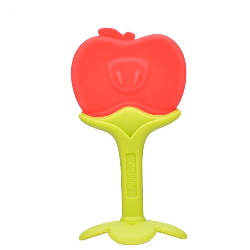 Red apple-shaped teether with a green base on a white background.