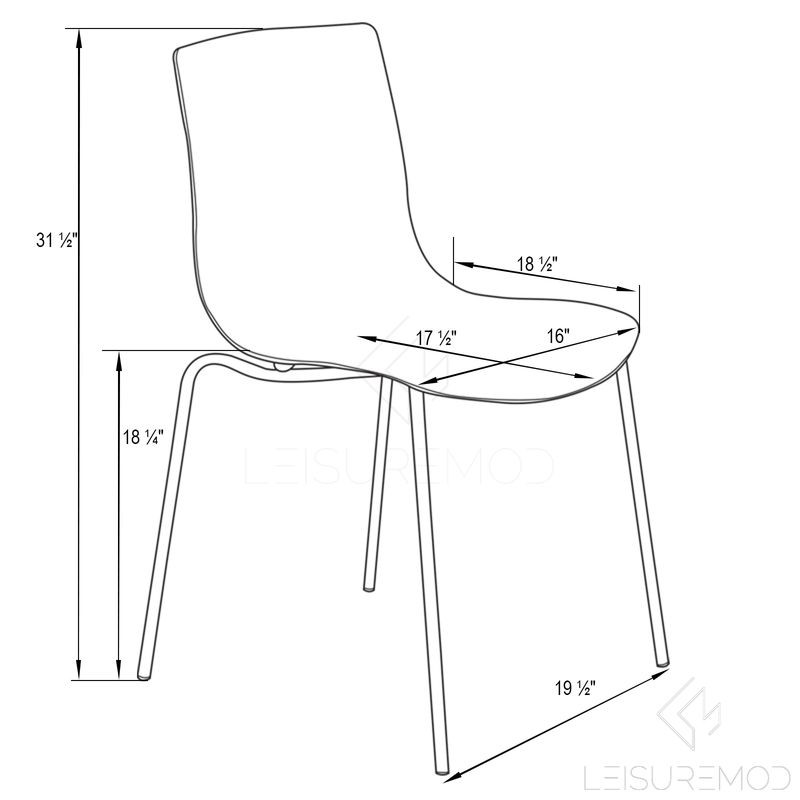 Technical drawing of a chair with dimensions labeled.