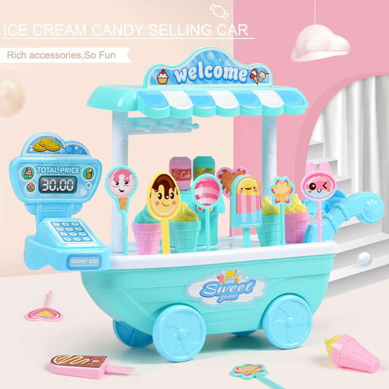 Toy ice cream candy selling cart with digital display and accessories on a light pink background.