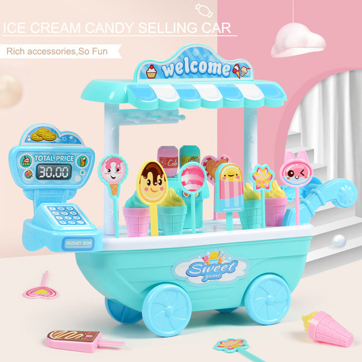 Toy ice cream candy selling cart with digital display and accessories on a light pink background.