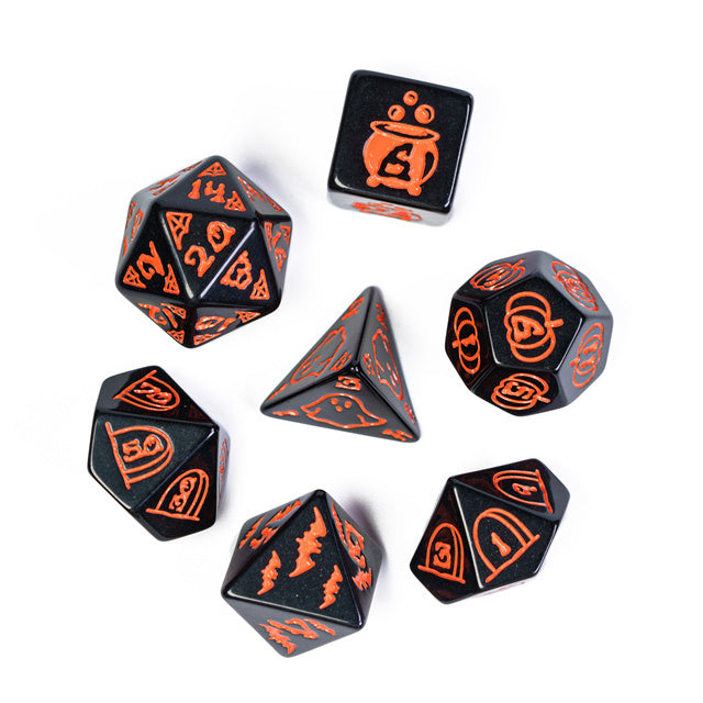 Halloween Black w/Orange | Pumpkin/Ghost/Bat/Cauldron 7-Dice Set DND