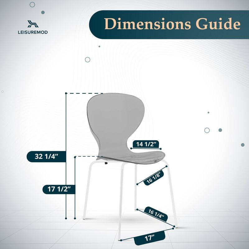 Chair dimensions guide with LeisureMod logo on a white background.