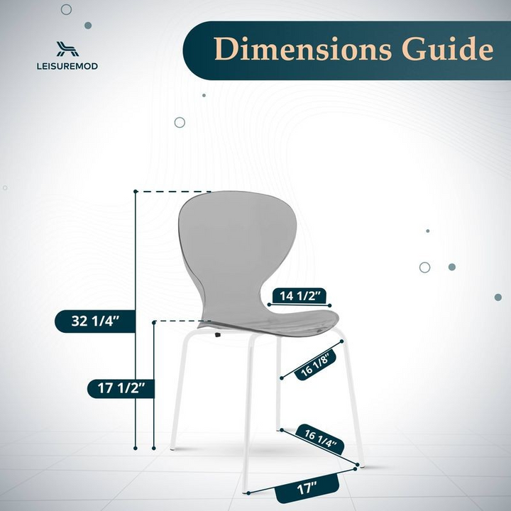 Chair dimensions guide with LeisureMod logo on a white background.