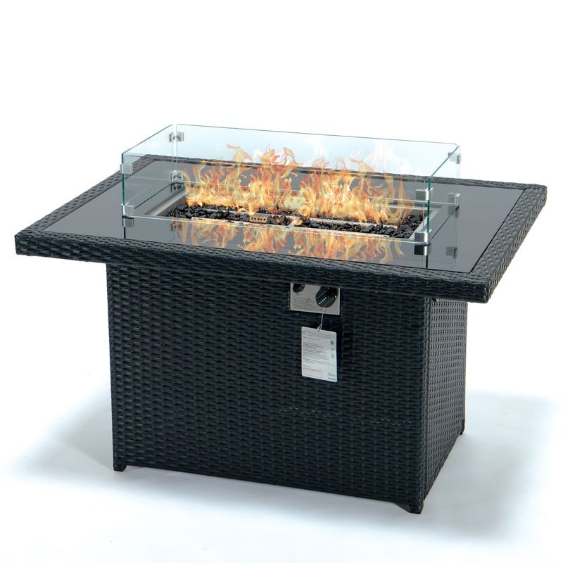 LeisureMod Mace Wicker Patio Modern Propane Fire Pit Table Black Angled Photo.