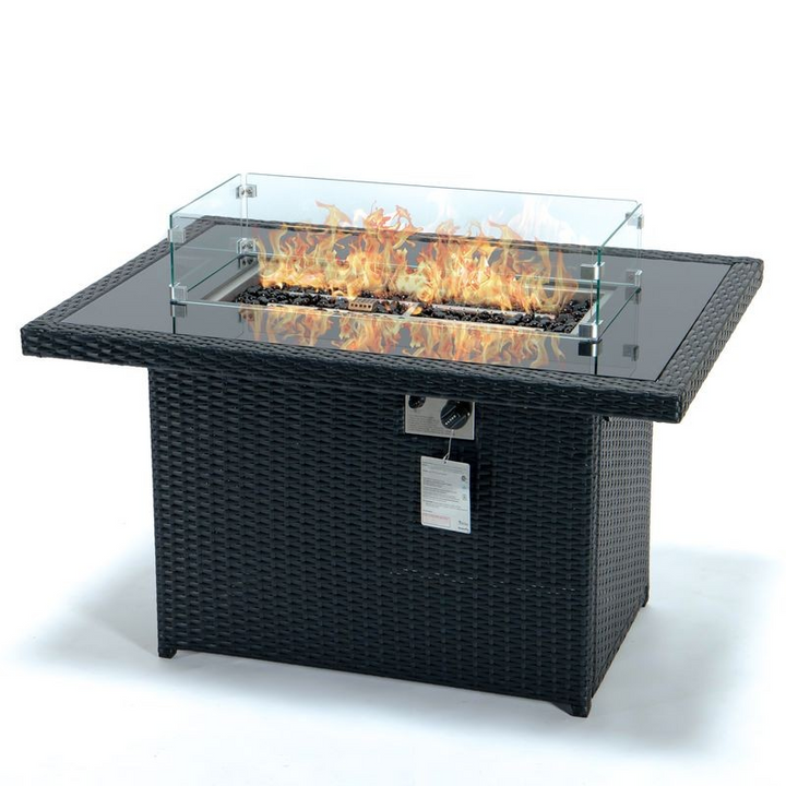 LeisureMod Mace Wicker Patio Modern Propane Fire Pit Table Black Angled Photo.