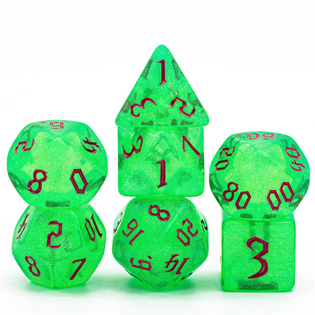 Green Glitter Party Glitter Dice (Pink font) 7-Dice Set RPG DND