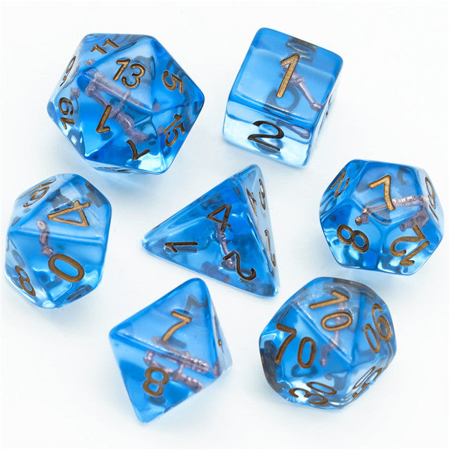 Wizard (Magic Wand) Clear Blue Dice w/ Golden Wand 7-Dice Set Rpg