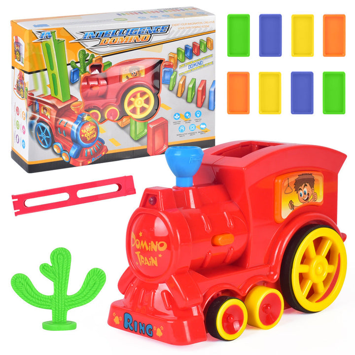 Toy train set with colorful blocks and packaging on a white background.
