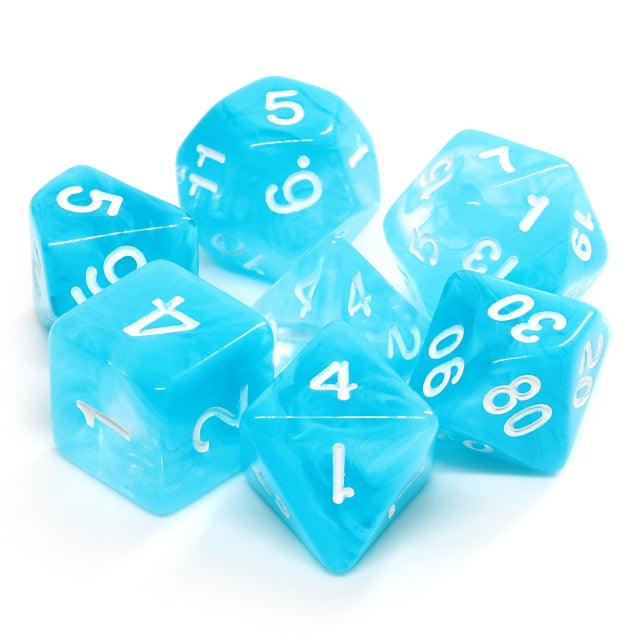 Sky Blue Swirl with White Numbering 7-Dice Set RPG