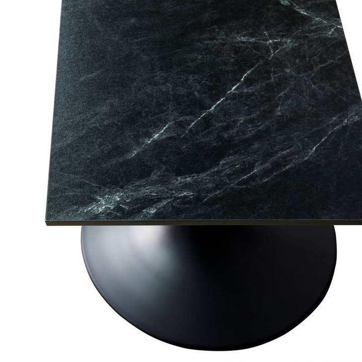 LeisureMod Verve Collection 24 Square Dining Table, Black Base with Black MDF Top Closeup.