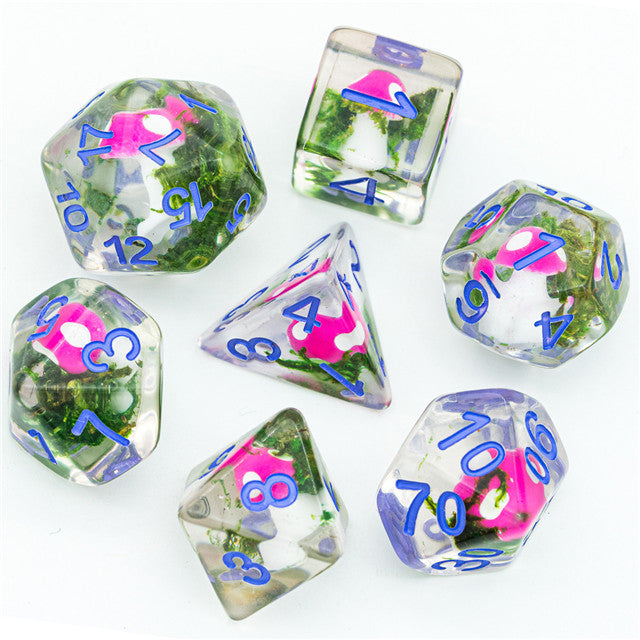 Pink Mushroom Dice Clear Green Vine w/Lavender Numbers 7-Dice Set Rpg