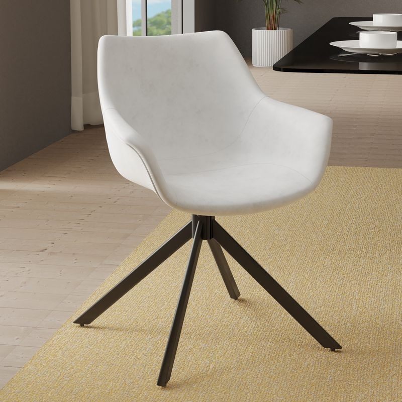 LeisureMod Markley Modern Leather Dining Swivel Armchair in Light Grey