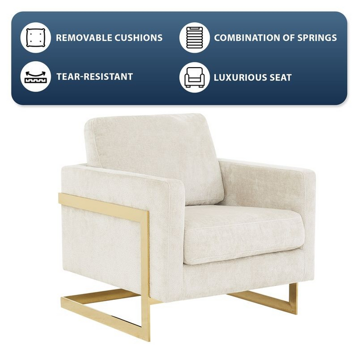 LeisureMod Lincoln Boucle Fabric Accent Armchair with Gold Stainless Steel Frame and Removable Back Cushion in Grey Image