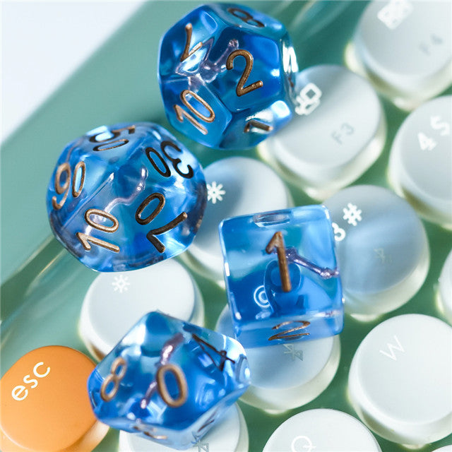 Wizard (Magic Wand) Clear Blue Dice w/ Golden Wand 7-Dice Set Rpg